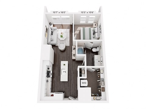 Floor plan for 1 bed, 1 bath, 693 sqft